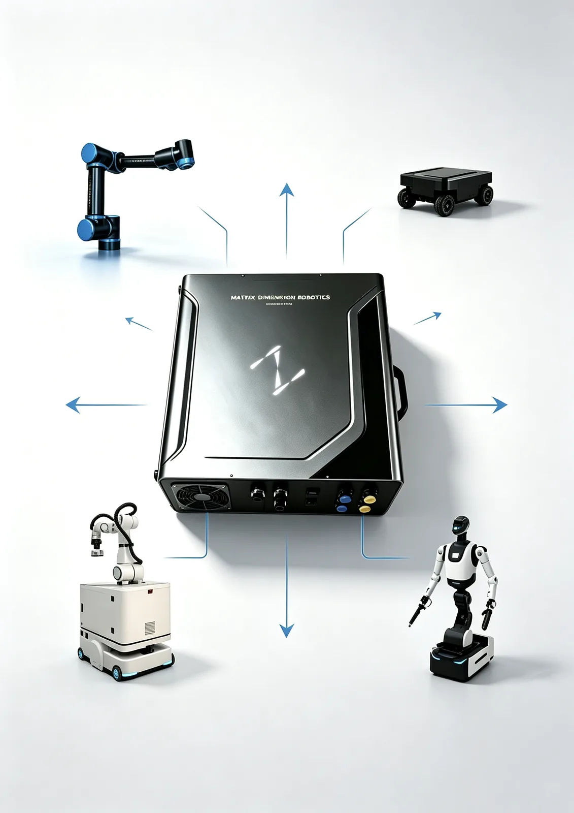 Rendering of the control hub connected to manipulators, AMRs and mobile robots