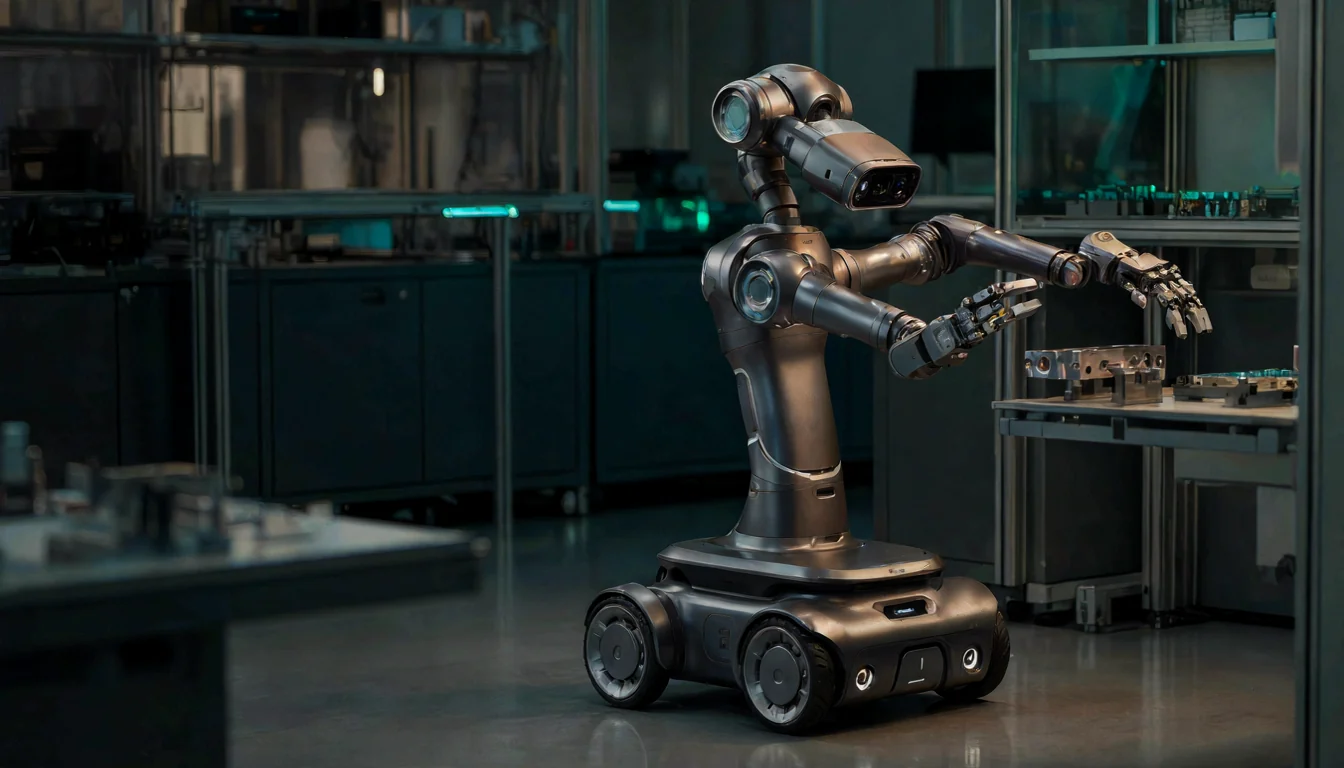 Industrial realistic concept of a wheeled humanoid robot at a workstation
